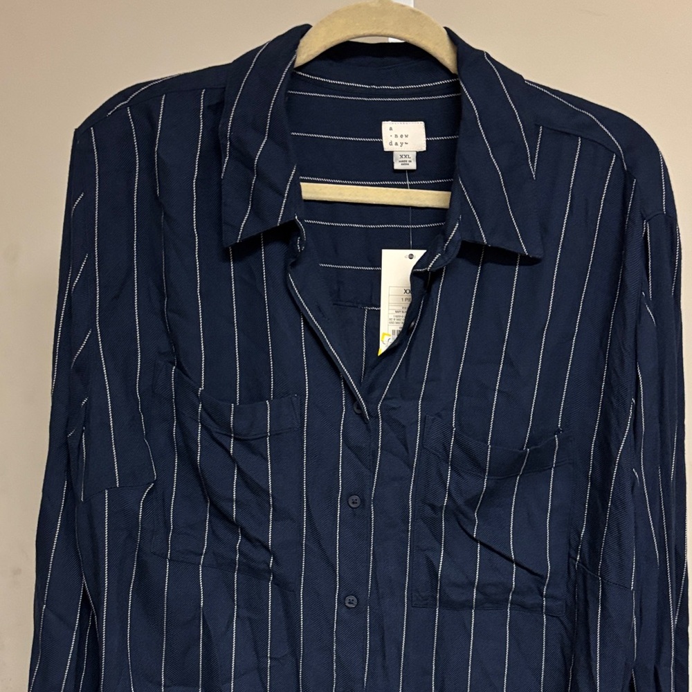 A New Day Navy Blue Striped Button Down Shirt XXL